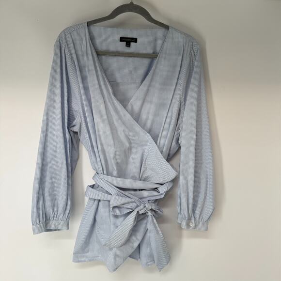 Lane Bryant Top Womens 22 Light Blue Gingham Plaid Wrap Tie Front Nursing 4780 - Picture 5 of 11